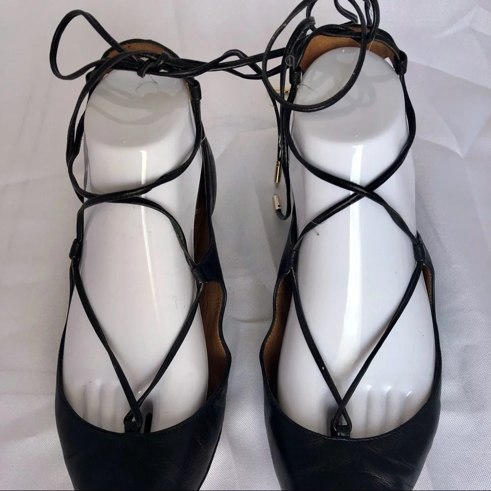 Aquazzura Christy Lace-Up Flats Black Leather 37.5